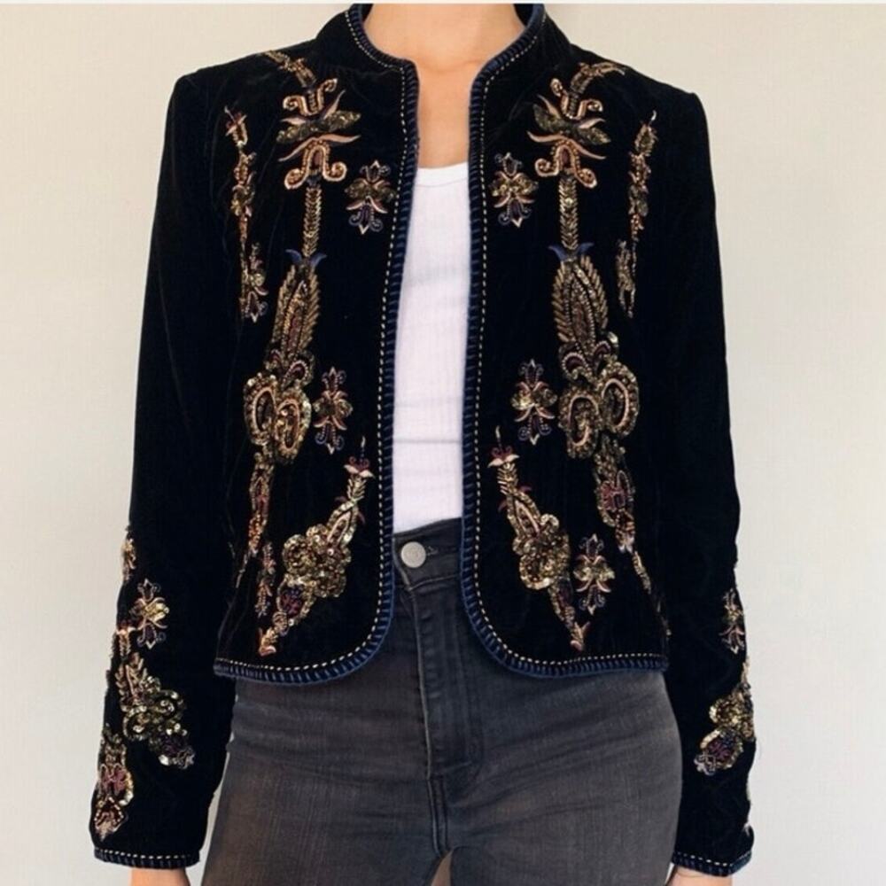Zara black velvet jacket beaded embroidered med boho western event